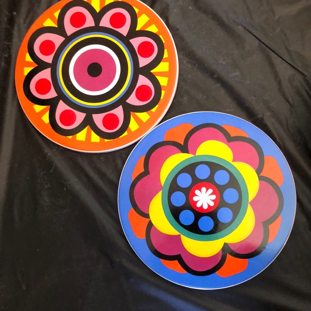 Two Beautiful Bright Colorful Art Round Trivets Wall Hangings Plant Stands